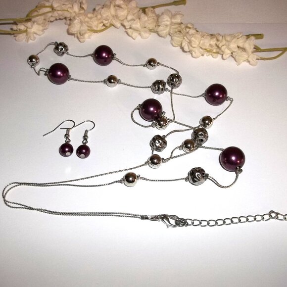 Eggplant Purple Faux Pearl Jewelry Set Long Necklace Earrings Set Lot Pair D183 - Picture 3 of 7